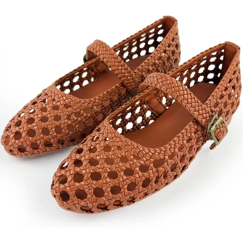 Women's Brown Buckle Strap Ballerina Soft Office Casual Dressy Mesh Flat Shoes